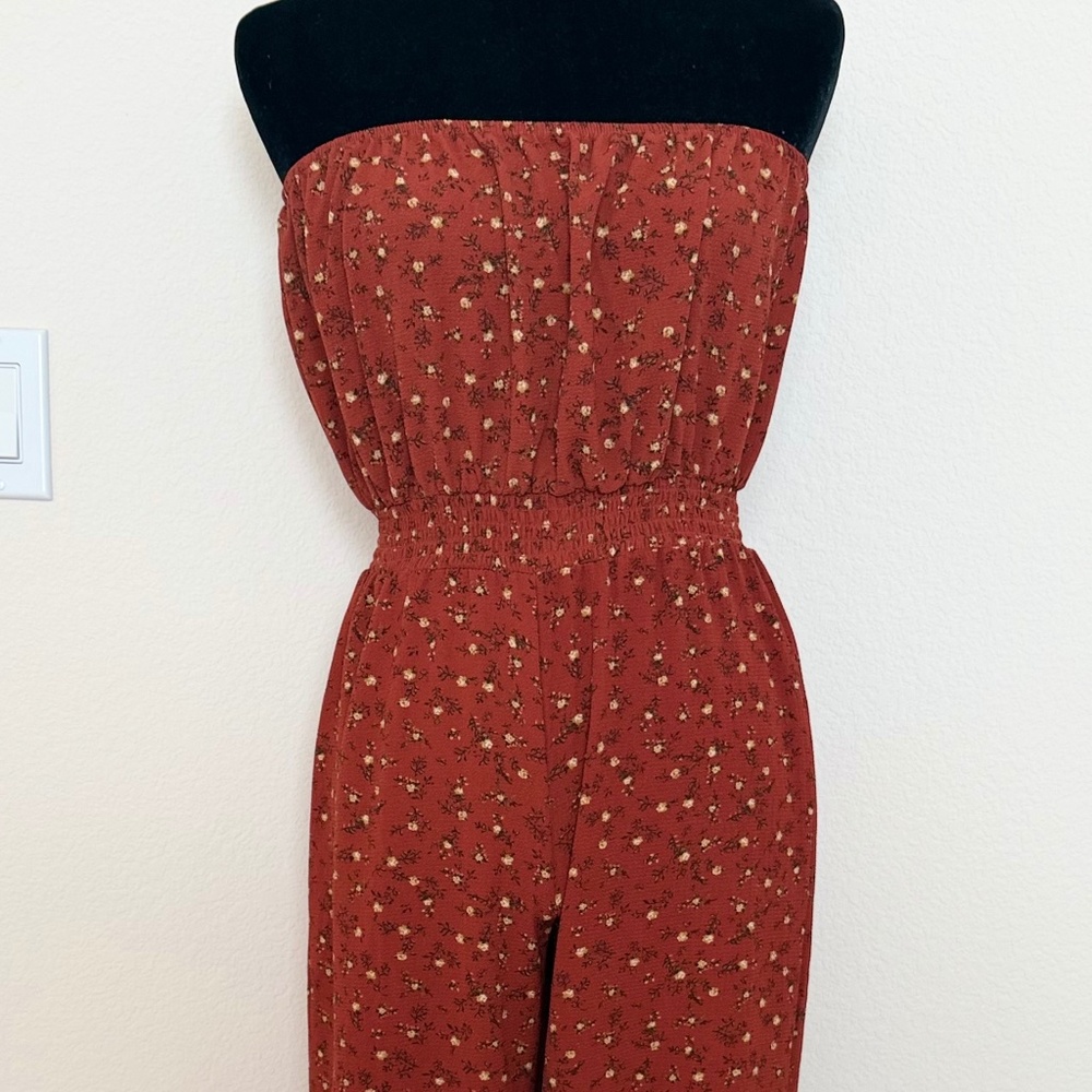 Forever 21 Strapless Floral Wide-Leg Jumpsuit – Rust / Terracotta – Boho Style - Picture 3 of 5